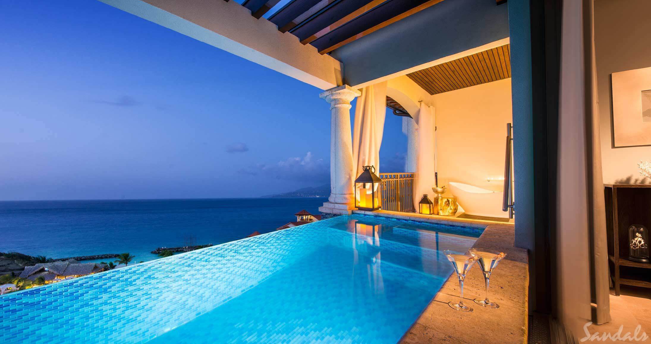 Private plunge pool on balcony at Sandals Grenada. 