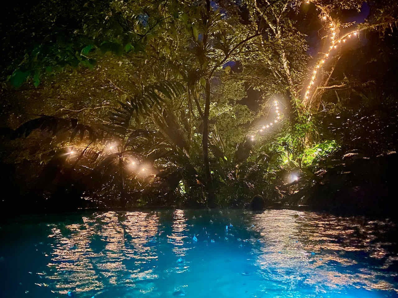 Rain falling at a hot springs in the jungle at Nayara Springs Resort in Costa Rica. 