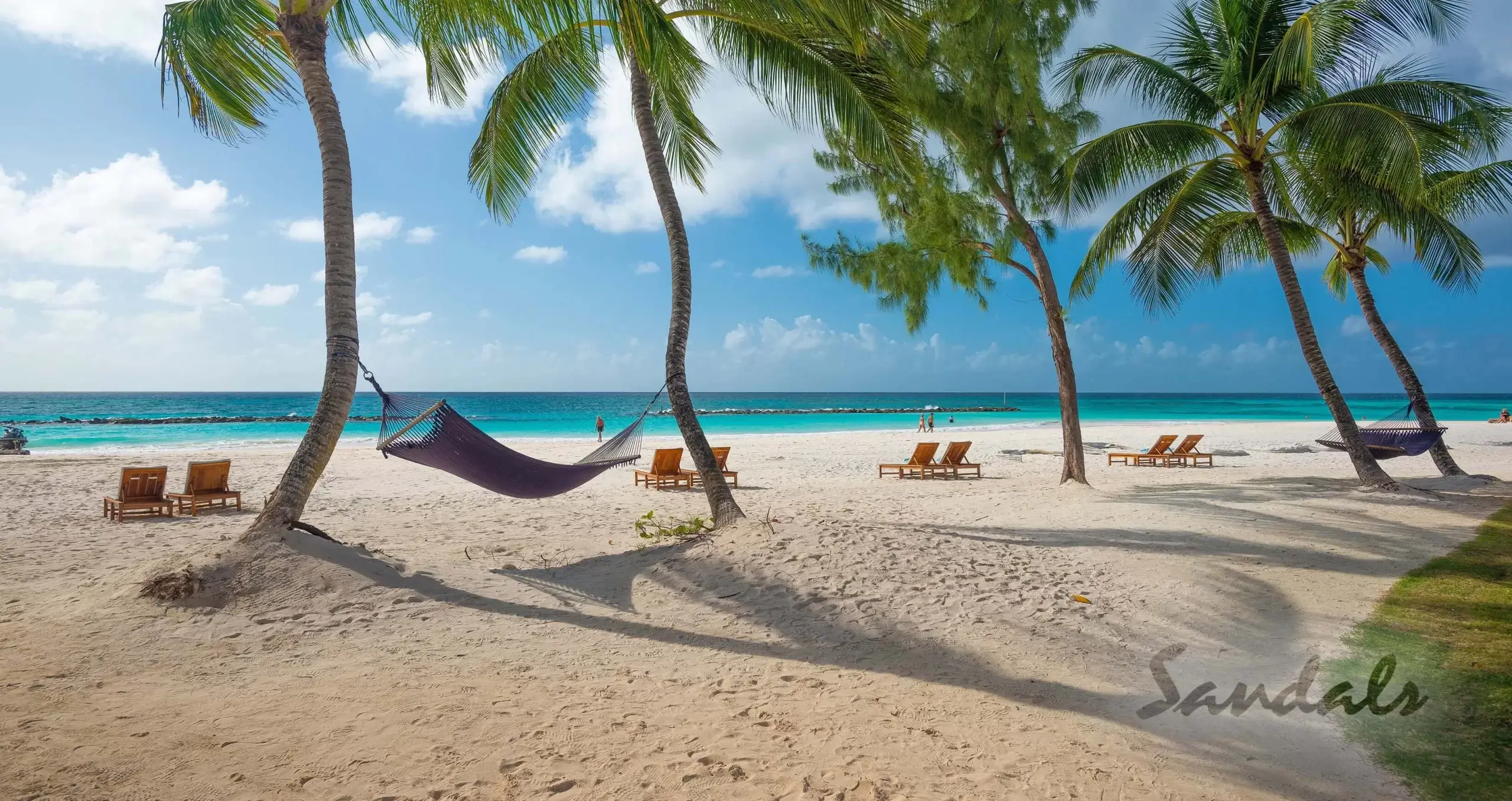 sandals royal barbados with hammock and white sand beach and blue water. 
