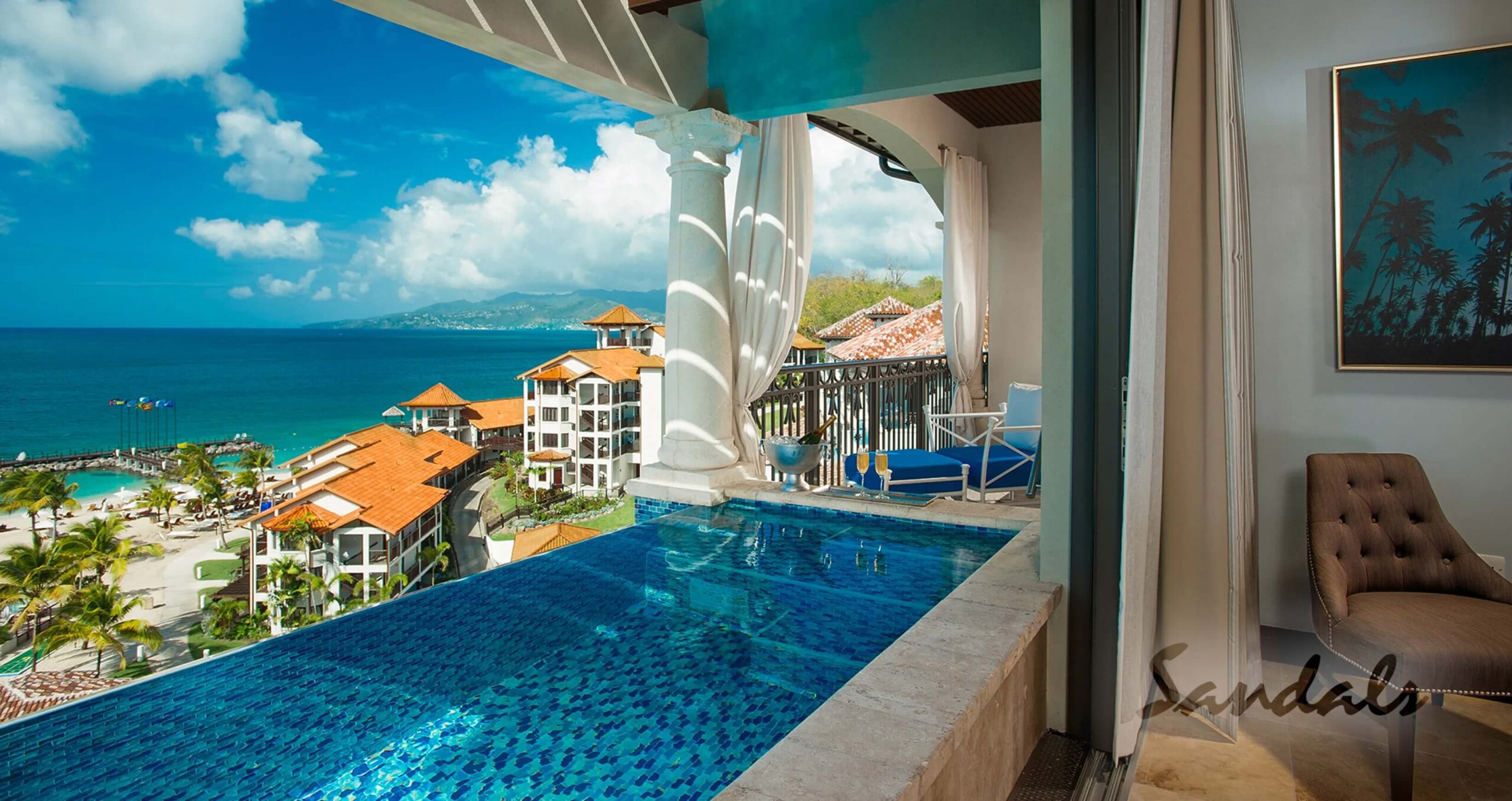 Honeymoon suite in the Caribbean at Sandals Grenada with private plunge pool on balcony. 