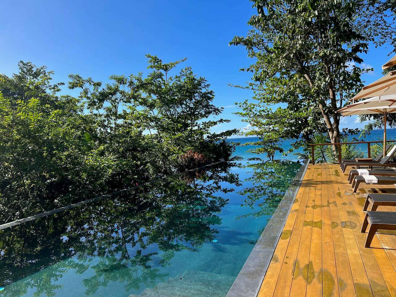 infinity pool with deck at secret bay dominica