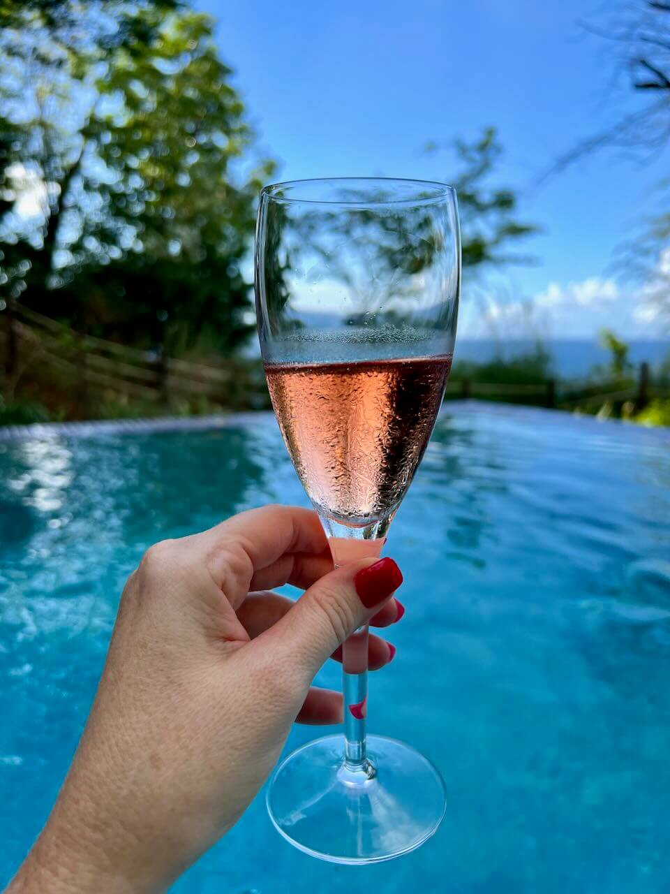 drinking champagne in private plunge pool at secret bay in dominica