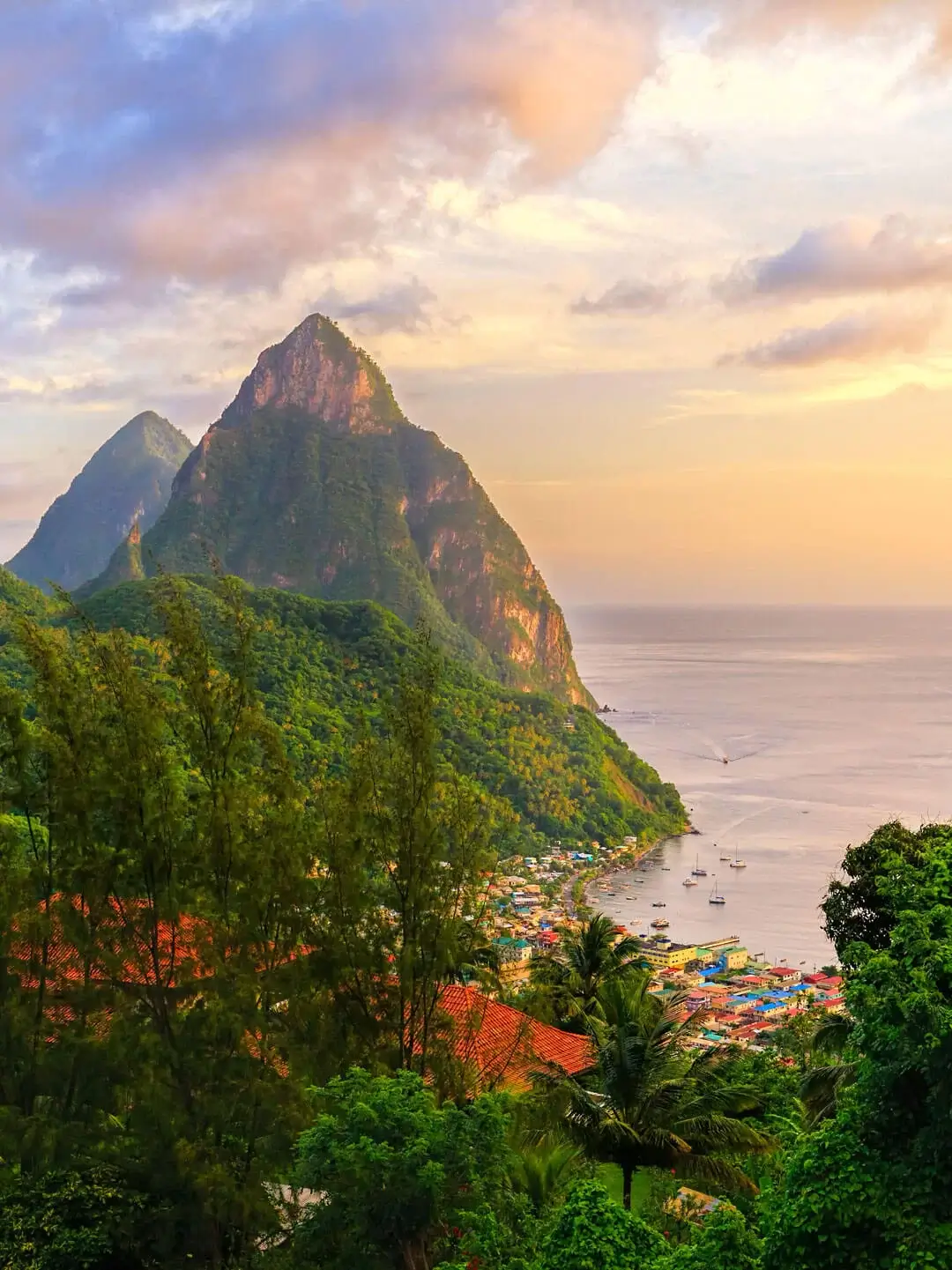 Caribbean luxury resorts in St. Lucia with view of the mountains and ocean